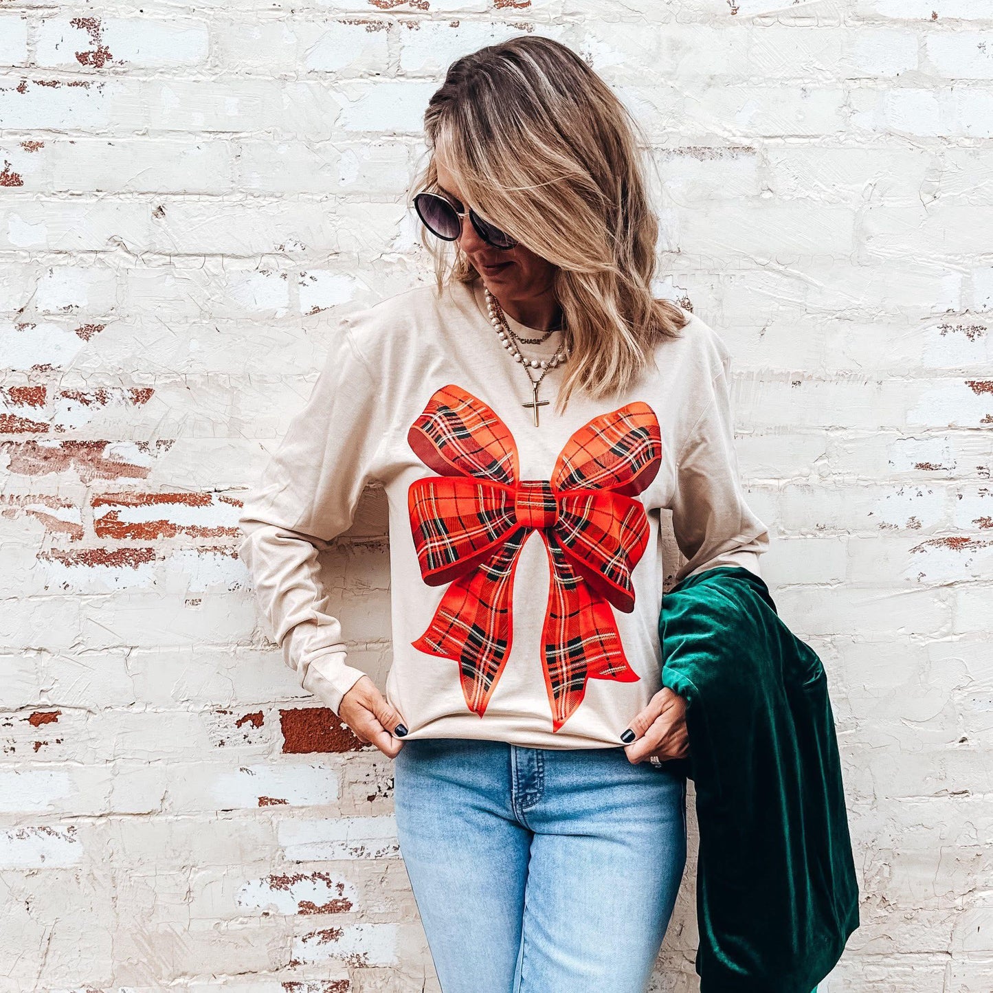 Plaid Holiday Bow Long Sleeve Tee - 2.5 Week ETA
