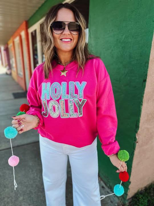 Pink Sequin Holly Jolly Sweatshirt - 2.5 WEEK ETA