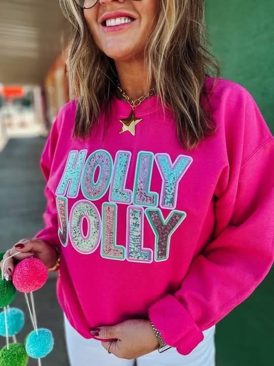 Pink Sequin Holly Jolly Sweatshirt - 2.5 WEEK ETA