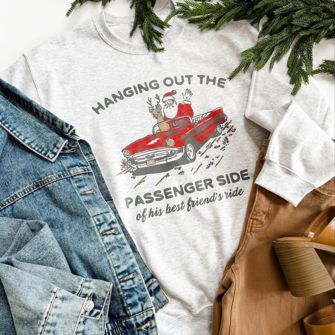 Hanging Out The Passengers Side Santa Sweatshirt (Ash Gildan) - 2.5 WEEKS ETA