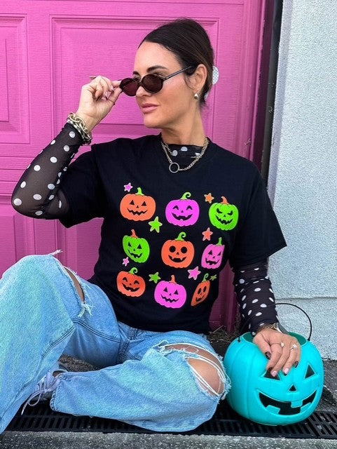 Neon Jack-o-Latern Black Tee - IN STOCK