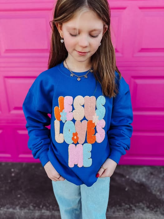 Blue Jesus Loves Me Patch Sweatshirts