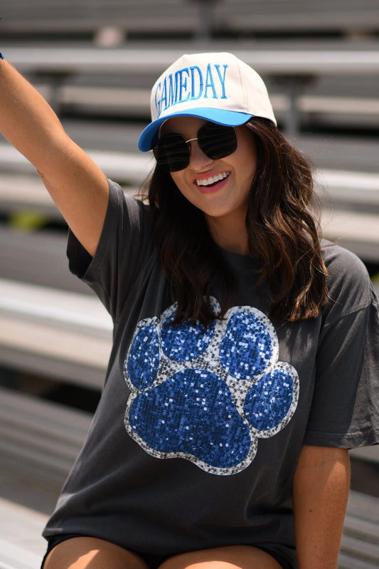 Royal and Silver Faux Glitter Paw Print Tee - ETA MID JULY
