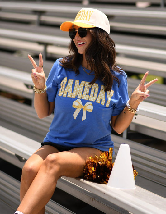 Blue Game Day Gingham Bow Tee - ETA MID JULY