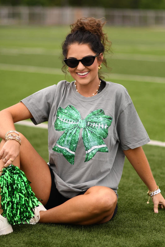 Green Faux Glitter Football Bow Tee - ETA MID JULY