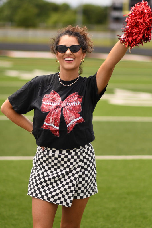 Red Faux Glitter Football Bow Tee - ETA MID JULY