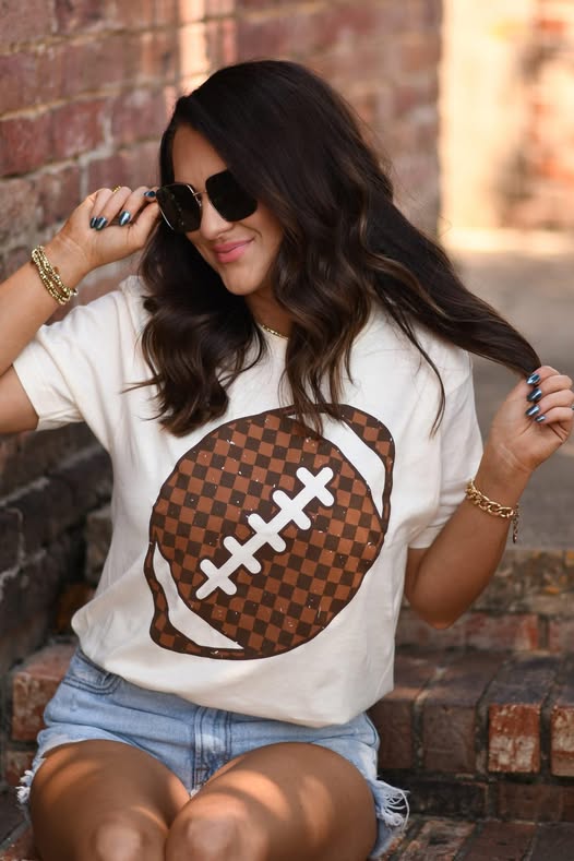 Checkered Football Tee on Ivory Tee - EARLY SEPT ETA