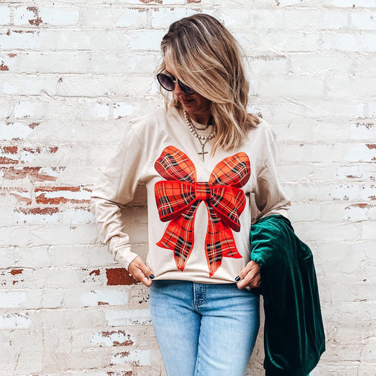 Plaid Holiday Bow Long Sleeve Tee - 2.5 Week ETA