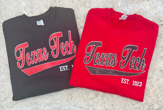 Distressed Texas Tech Crew Red/Black- IN STOCK