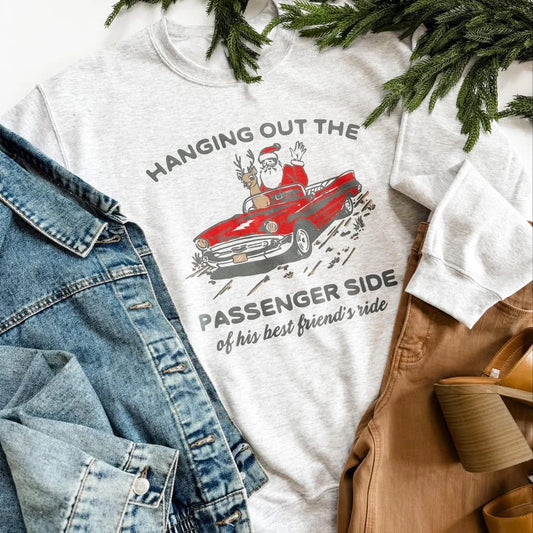 Hanging Out The Passengers Side Santa Sweatshirt (Ash Gildan) - 2.5 WEEKS ETA