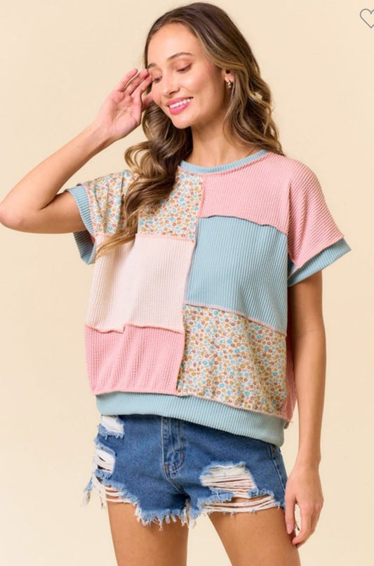 Ribbed Patchwork Floral Blouse
