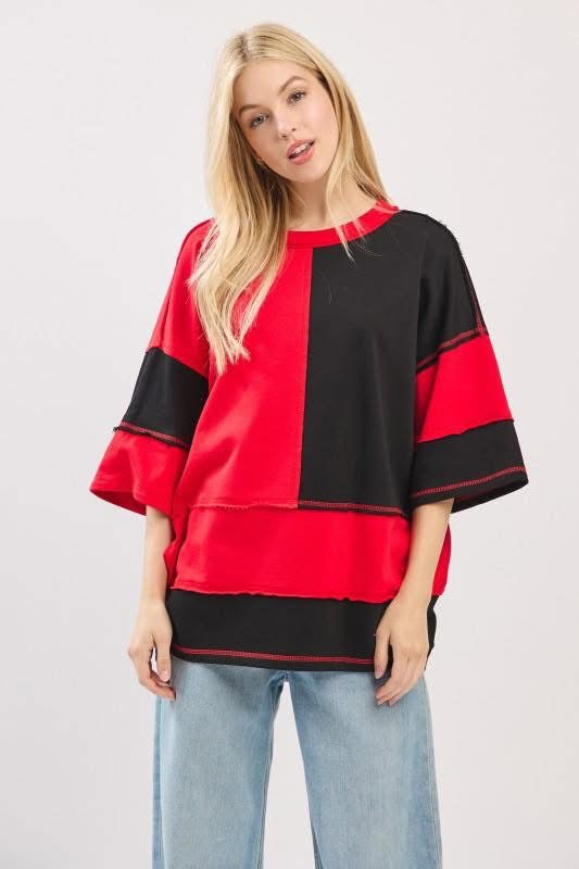 Oversized Red + Black Colorblock Top - IN STOCK